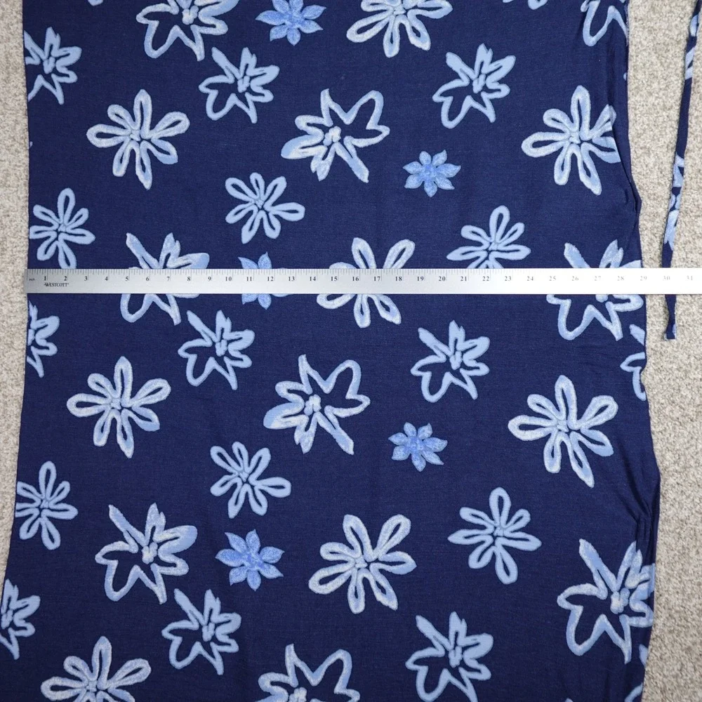 Blue Linen Blend Floral Sarong Wrap Skirt Beach Coverup Navy Light Blue Tropical